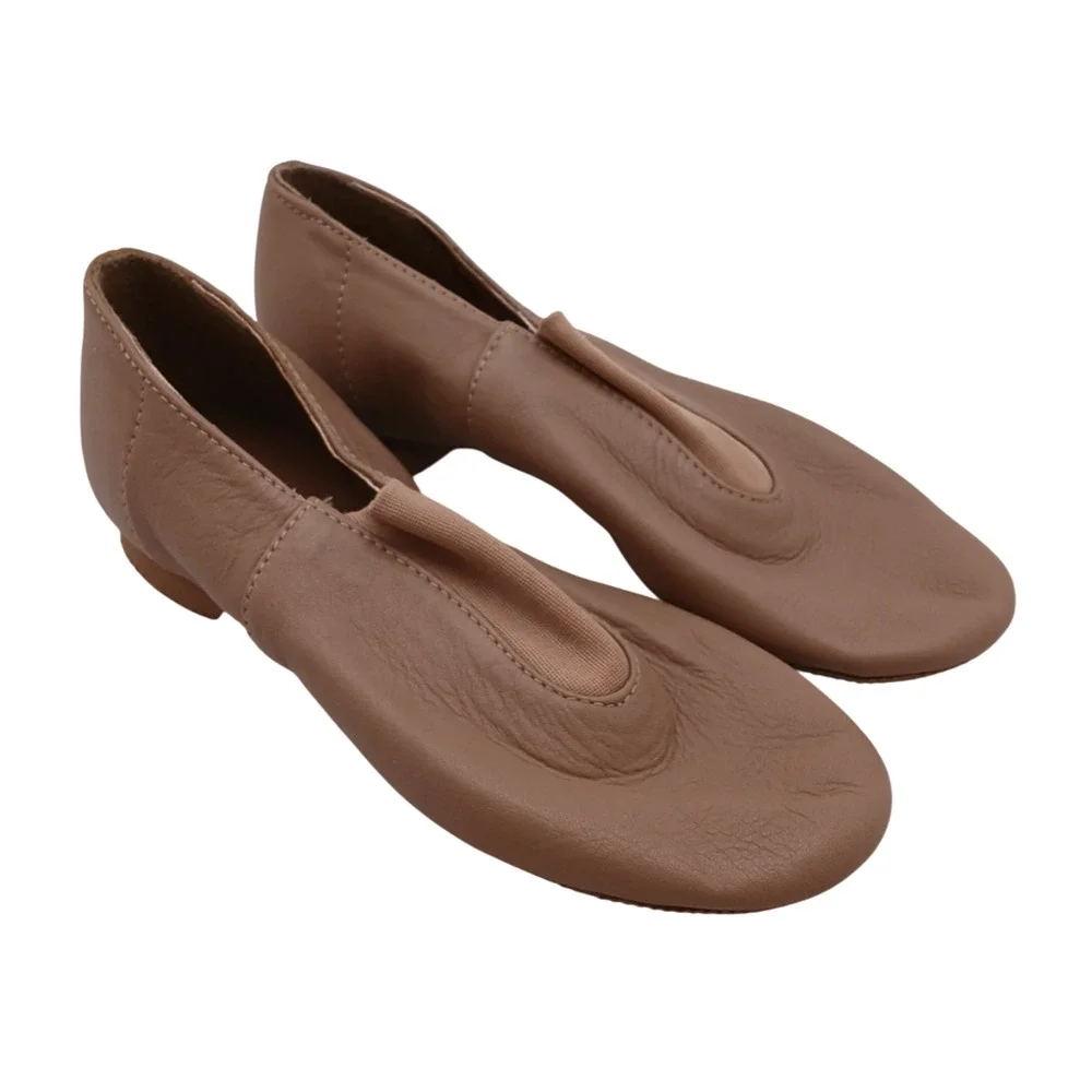 Dancing Women’s Leather Slip-On Jazz Shoes Beige Elastic Instep Panel Size 4.5